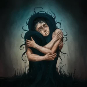 A surreal image depicting a figure enveloped in a shadowy embrace, their form blending with the darkness. The figure’s face shows a mixture of sadness and acceptance, with one arm wrapped around their own chest as if holding onto the pain. The shadowy embrace takes on a life of its own, with tendrils of darkness curling around the figure, symbolizing the deep connection between the person and their suffering. The background is a gradient of deep blues and blacks, adding to the somber, introspective mood of the scene."